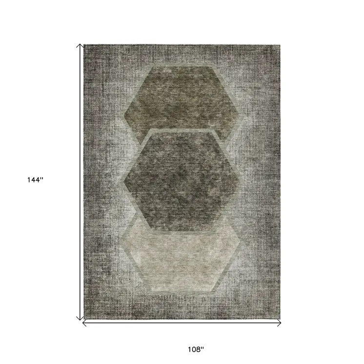 9' X 12' Taupe Beige And Chocolate Geometric Washable Indoor Outdoor Area Rug
