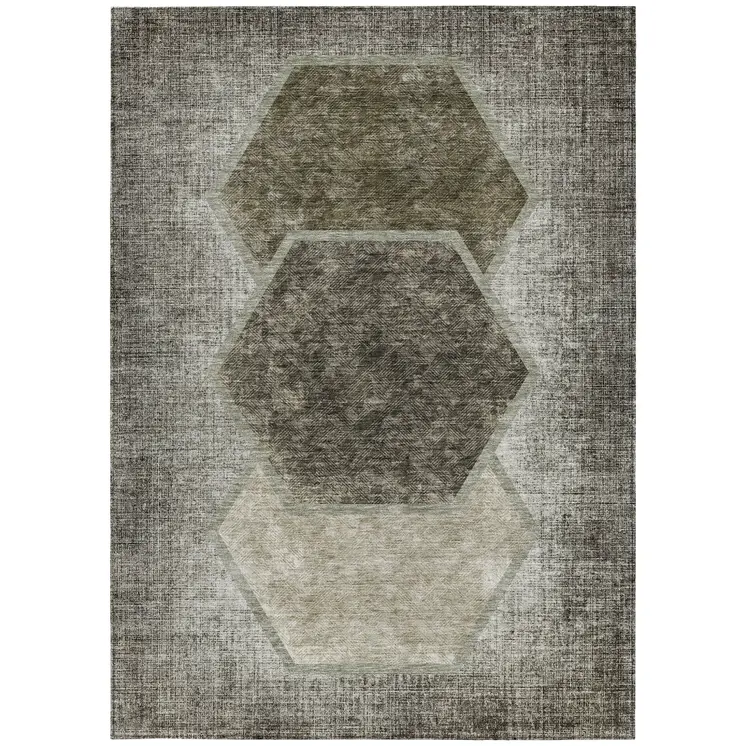 10' X 14' Taupe Beige And Chocolate Geometric Washable Indoor Outdoor Area Rug