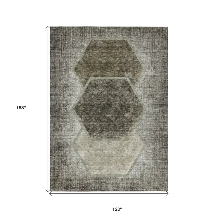 10' X 14' Taupe Beige And Chocolate Geometric Washable Indoor Outdoor Area Rug