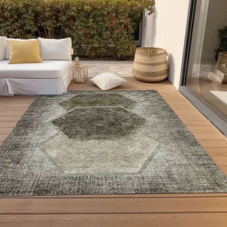 10' X 14' Taupe Beige And Chocolate Geometric Washable Indoor Outdoor Area Rug