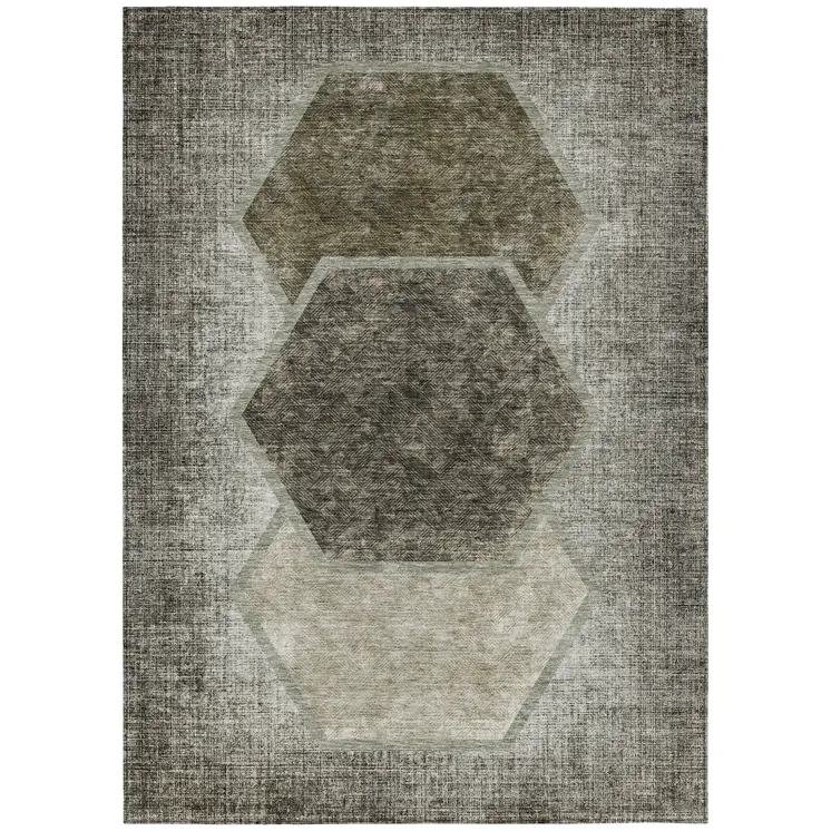 10' X 14' Taupe Beige And Chocolate Geometric Washable Indoor Outdoor Area Rug