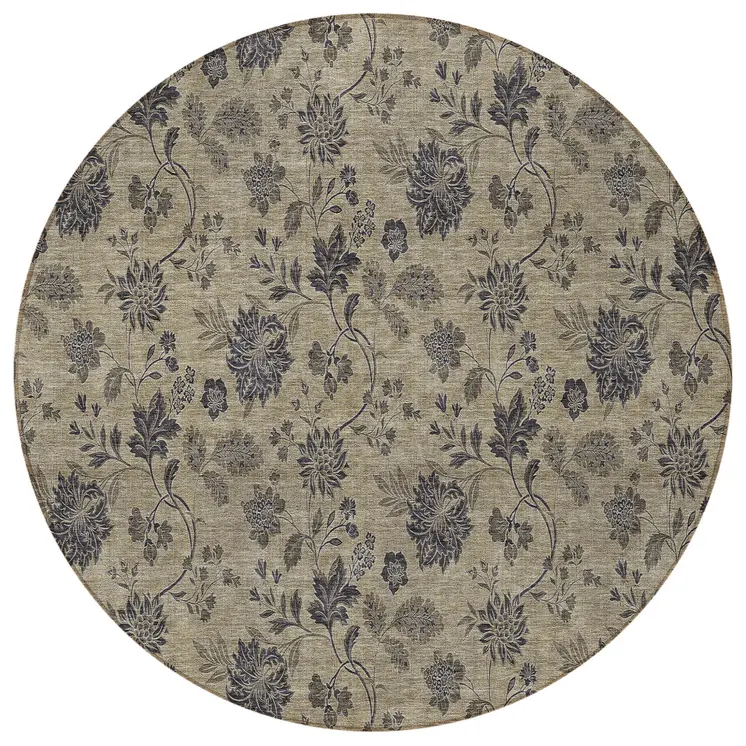 8' Brown Beige And Chocolate Round Floral Washable Indoor Outdoor Area Rug