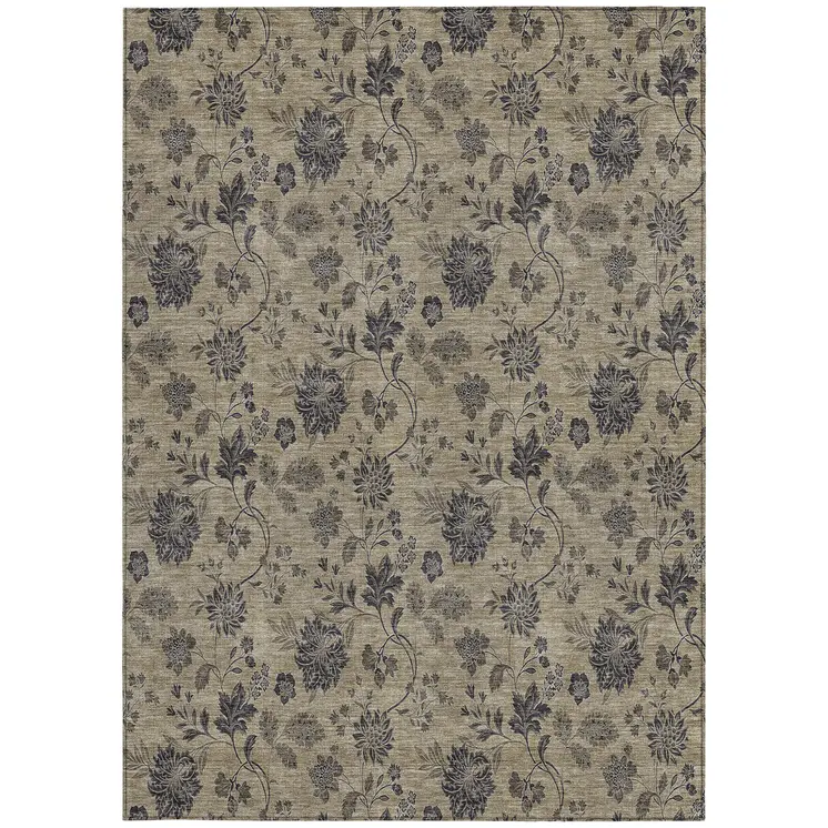 8' X 10' Brown Beige And Chocolate Floral Washable Indoor Outdoor Area Rug