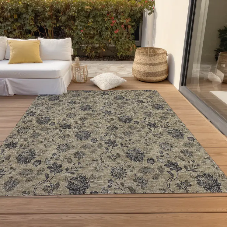 8' X 10' Brown Beige And Chocolate Floral Washable Indoor Outdoor Area Rug