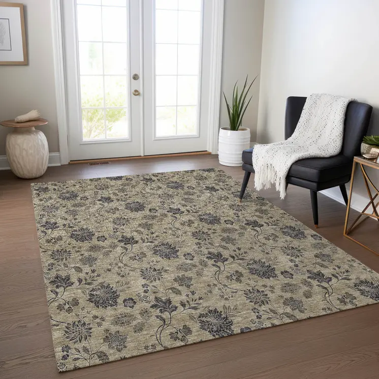8' X 10' Brown Beige And Chocolate Floral Washable Indoor Outdoor Area Rug