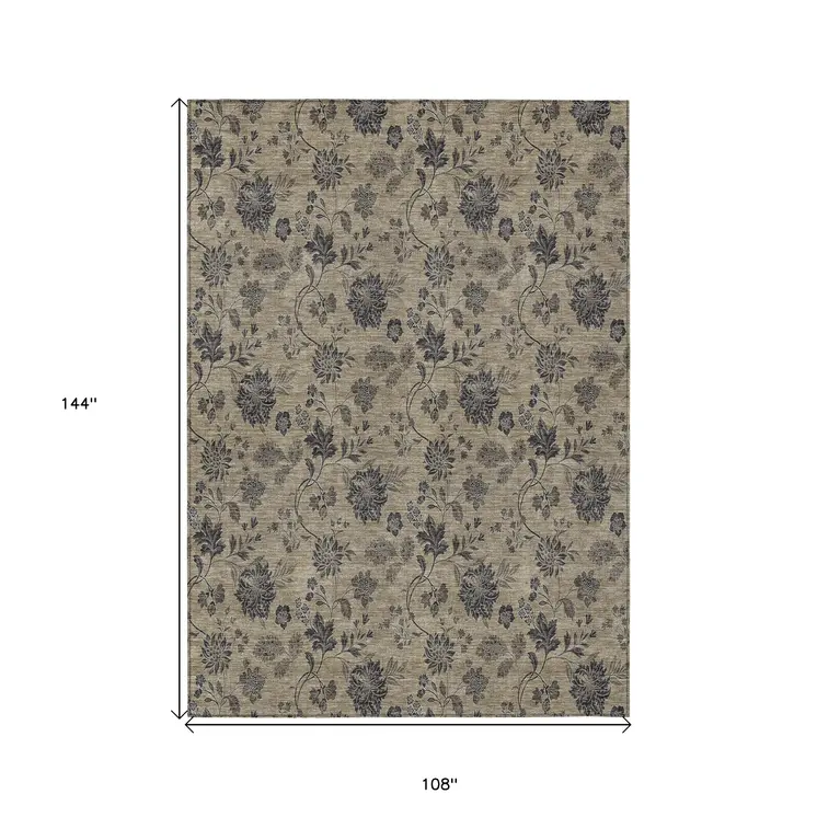 9' X 12' Brown Beige And Chocolate Floral Washable Indoor Outdoor Area Rug