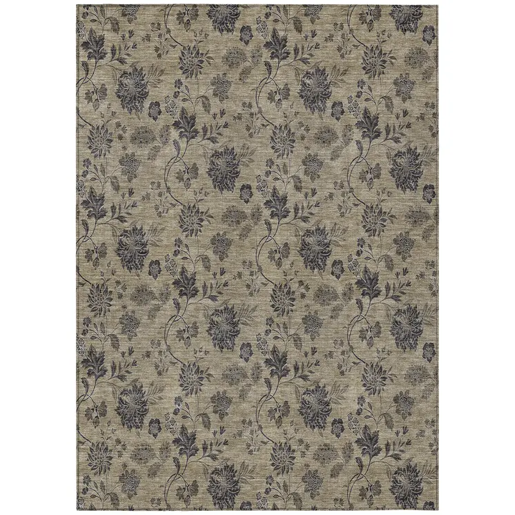 9' X 12' Brown Beige And Chocolate Floral Washable Indoor Outdoor Area Rug