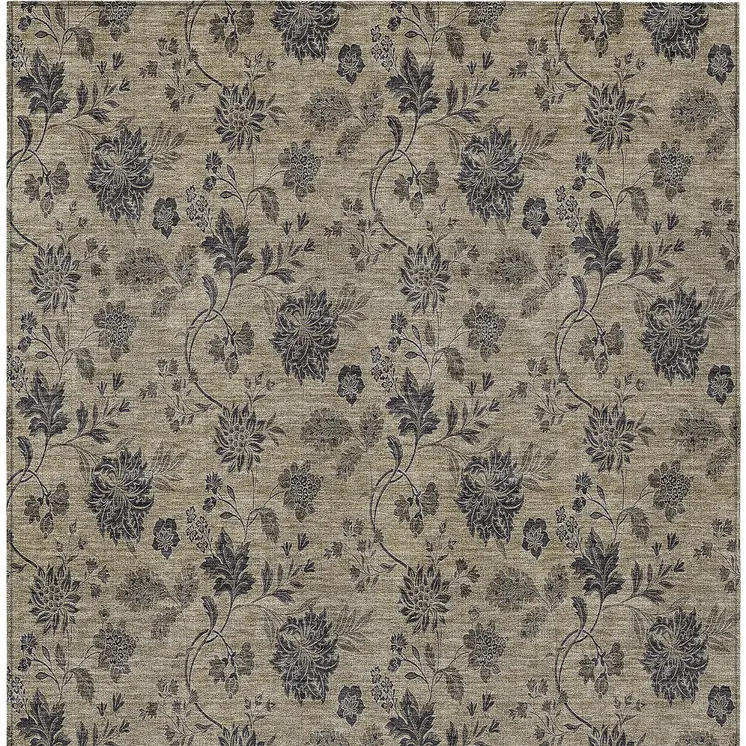 9' X 12' Brown Beige And Chocolate Floral Washable Indoor Outdoor Area Rug