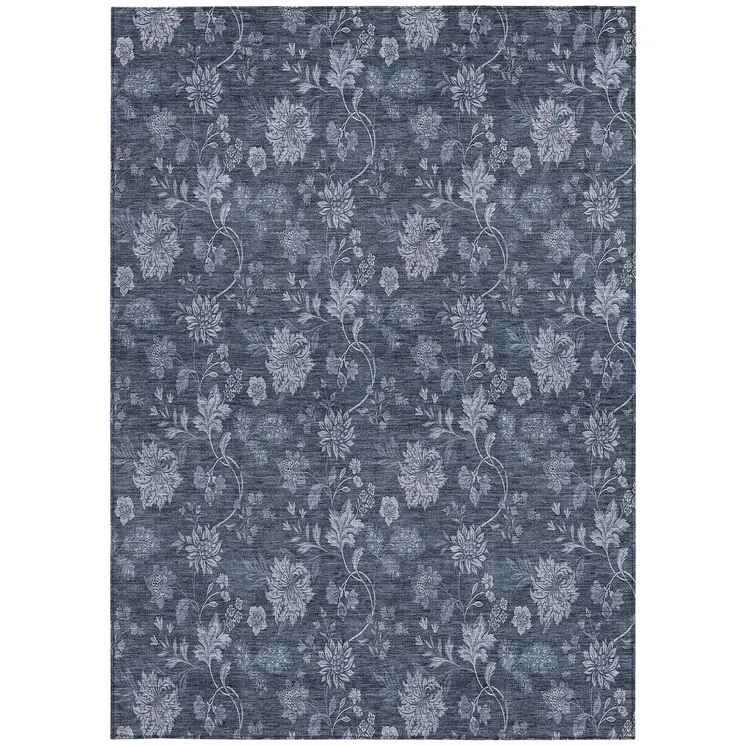 3' X 5' Denim Blue And Navy Blue Floral Washable Indoor Outdoor Area Rug