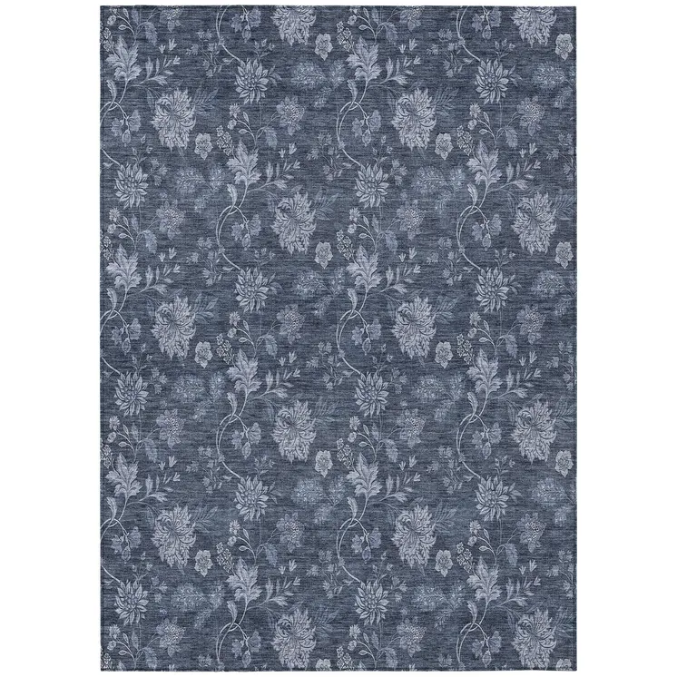 3' X 5' Denim Blue And Navy Blue Floral Washable Indoor Outdoor Area Rug