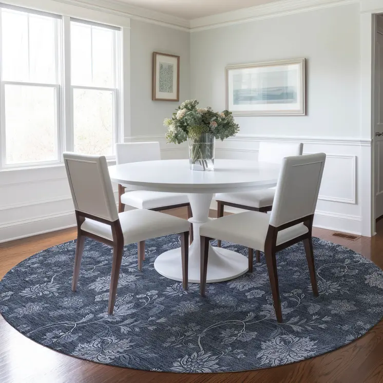 8' Denim Blue And Navy Blue Round Floral Washable Indoor Outdoor Area Rug