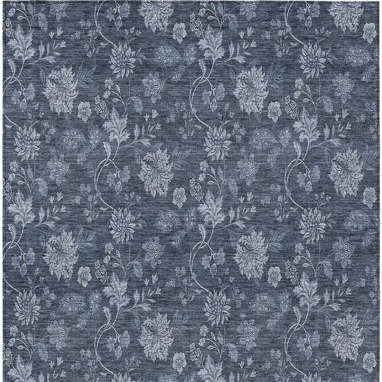 8' X 10' Denim Blue And Navy Blue Floral Washable Indoor Outdoor Area Rug