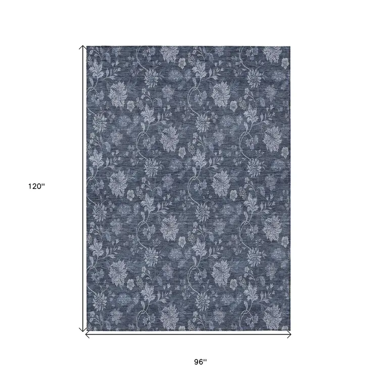 8' X 10' Denim Blue And Navy Blue Floral Washable Indoor Outdoor Area Rug