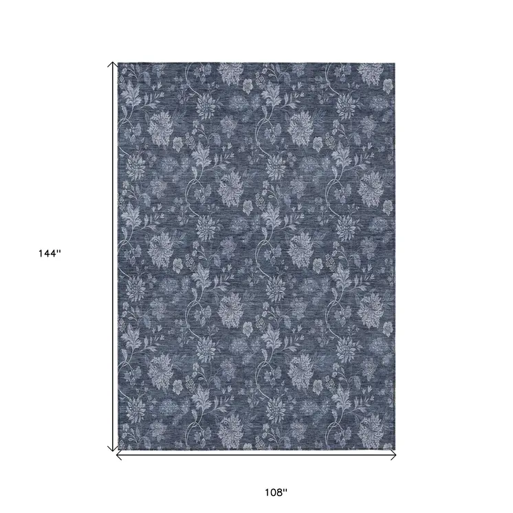 9' X 12' Denim Blue And Navy Blue Floral Washable Indoor Outdoor Area Rug