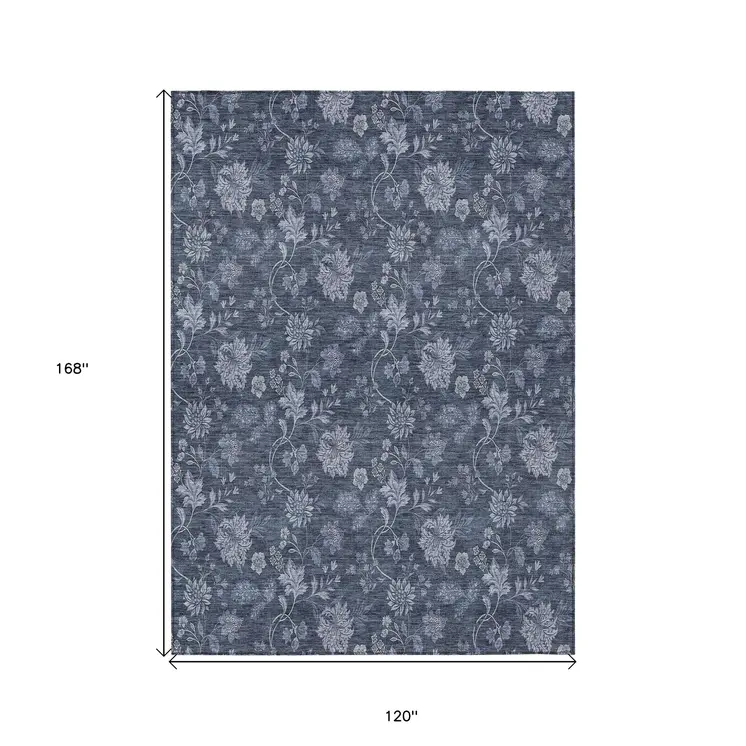 10' X 14' Denim Blue And Navy Blue Floral Washable Indoor Outdoor Area Rug