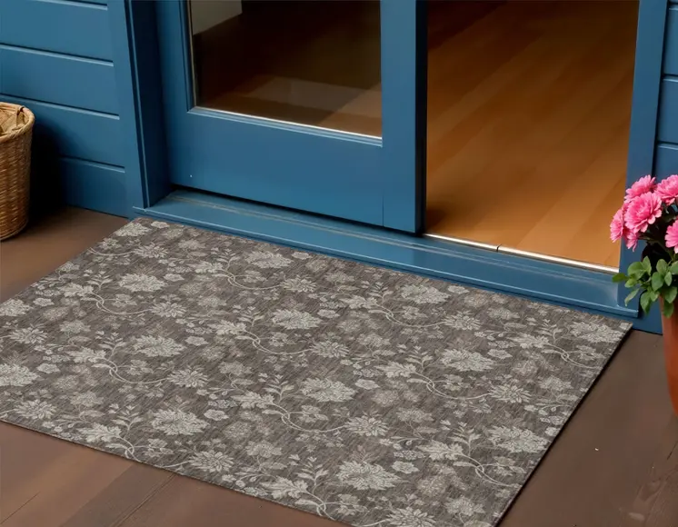 3' X 5' Chocolate Beige And Taupe Floral Washable Indoor Outdoor Area Rug