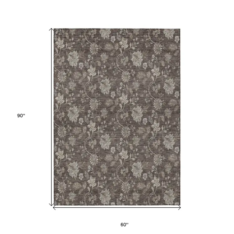 5' X 8' Chocolate Beige And Taupe Floral Washable Indoor Outdoor Area Rug