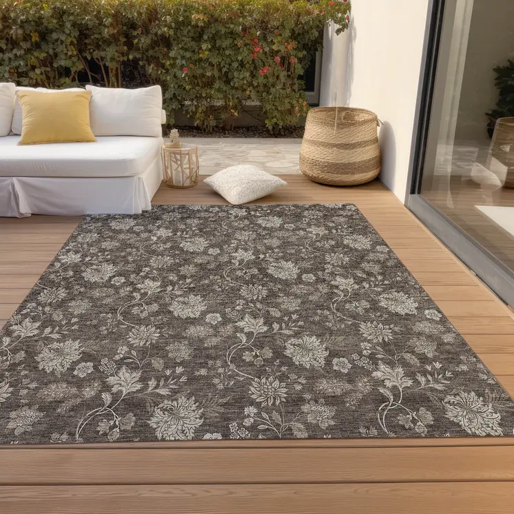 5' X 8' Chocolate Beige And Taupe Floral Washable Indoor Outdoor Area Rug