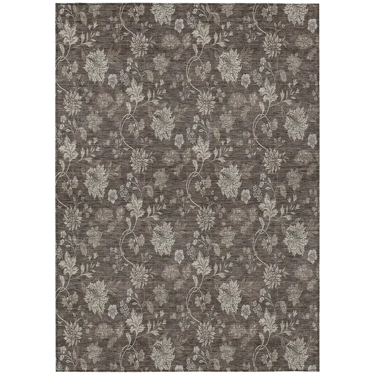 5' X 8' Chocolate Beige And Taupe Floral Washable Indoor Outdoor Area Rug