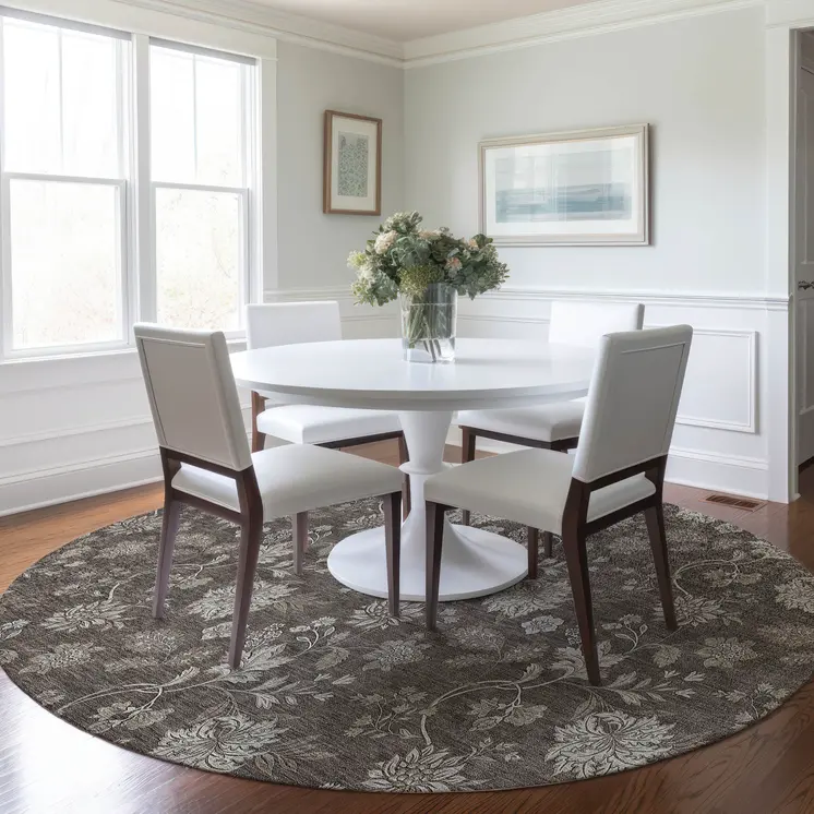 8' Chocolate Beige And Taupe Round Floral Washable Indoor Outdoor Area Rug