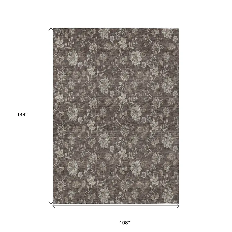 9' X 12' Chocolate Beige And Taupe Floral Washable Indoor Outdoor Area Rug