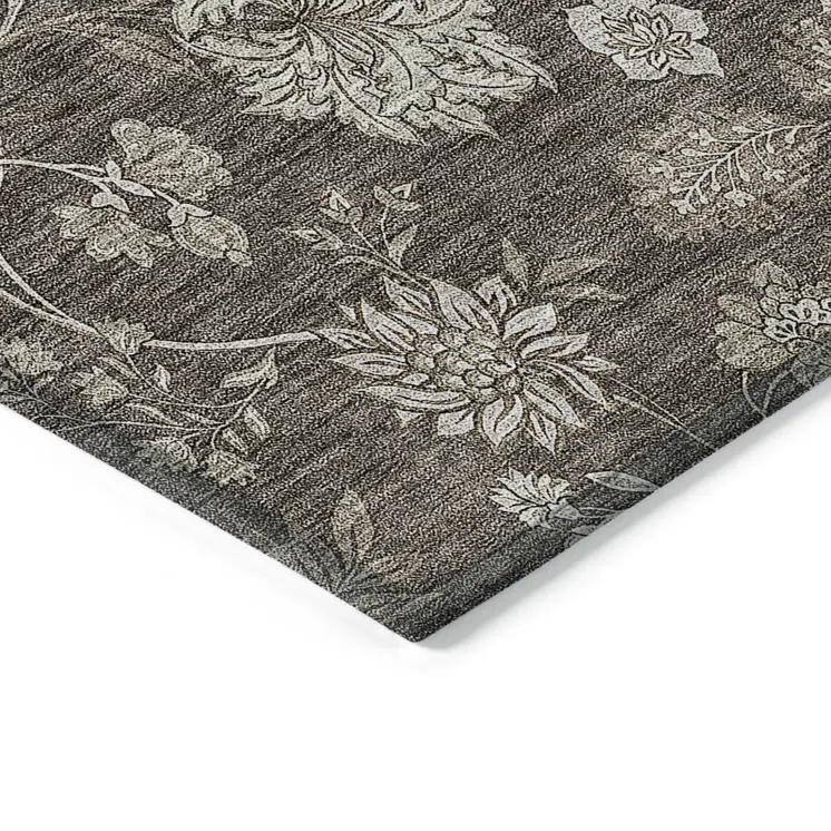 9' X 12' Chocolate Beige And Taupe Floral Washable Indoor Outdoor Area Rug