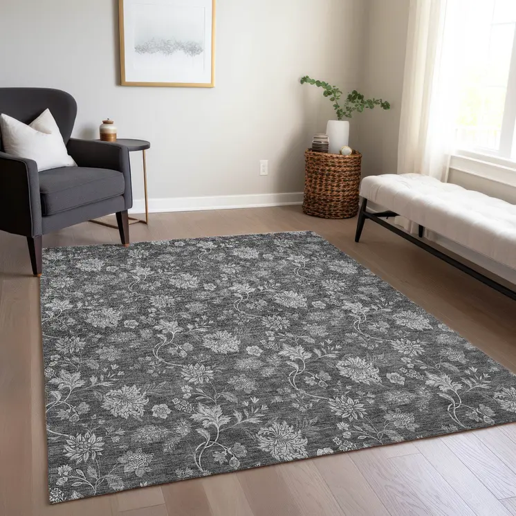 5' X 8' Gray Charcoal And Silver Floral Washable Indoor Outdoor Area Rug