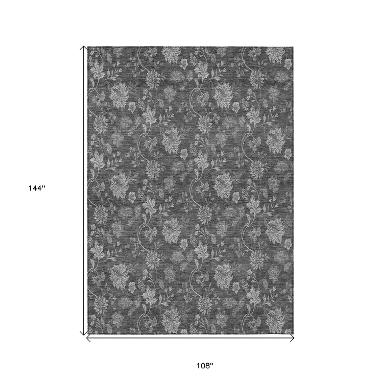 9' X 12' Gray Charcoal And Silver Floral Washable Indoor Outdoor Area Rug