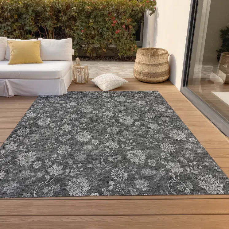 9' X 12' Gray Charcoal And Silver Floral Washable Indoor Outdoor Area Rug
