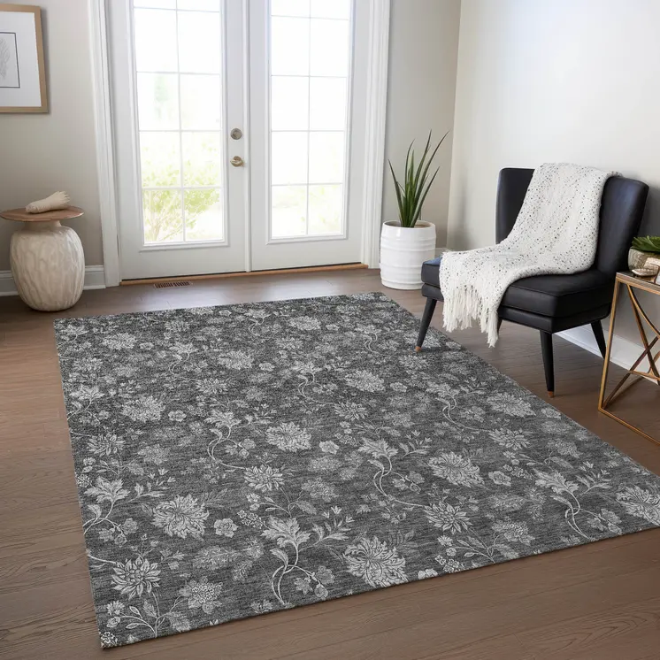 9' X 12' Gray Charcoal And Silver Floral Washable Indoor Outdoor Area Rug