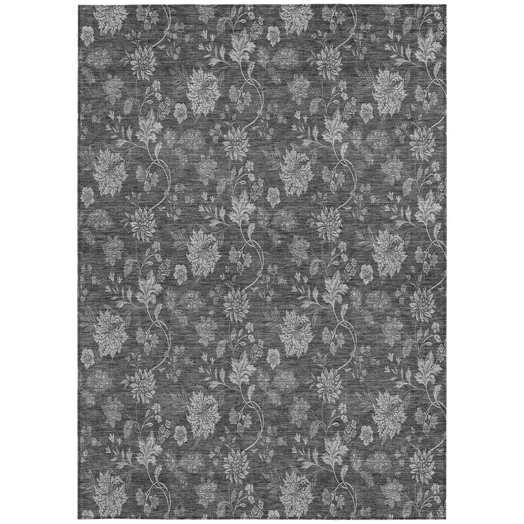 10' X 14' Gray Charcoal And Silver Floral Washable Indoor Outdoor Area Rug