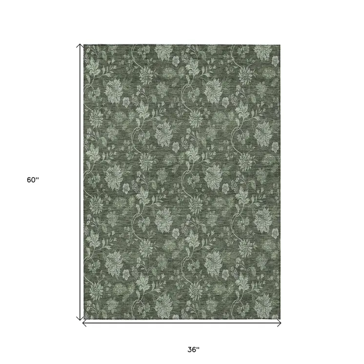 3' X 5' Olive Green And Artichoke Green Floral Washable Indoor Outdoor Area Rug