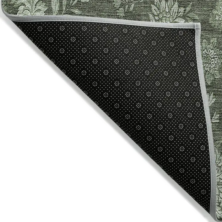 3' X 5' Olive Green And Artichoke Green Floral Washable Indoor Outdoor Area Rug