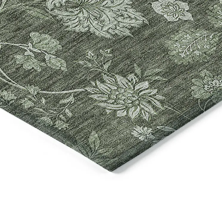 3' X 5' Olive Green And Artichoke Green Floral Washable Indoor Outdoor Area Rug