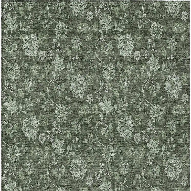 9' X 12' Olive Green And Artichoke Green Floral Washable Indoor Outdoor Area Rug