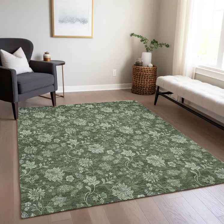 10' X 14' Olive Green And Artichoke Green Floral Washable Indoor Outdoor Area Rug
