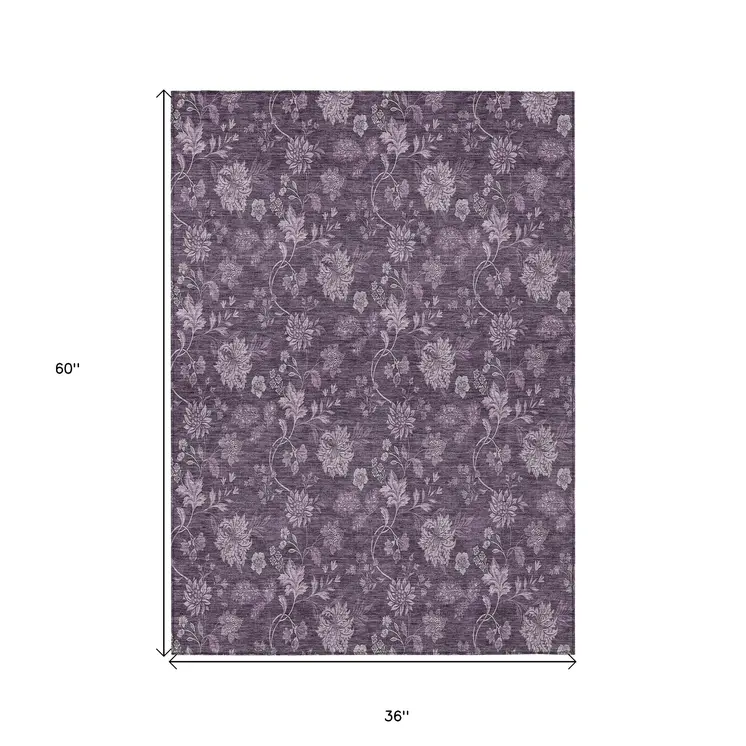 3' X 5' Plum Purple And Lavender Floral Washable Indoor Outdoor Area Rug