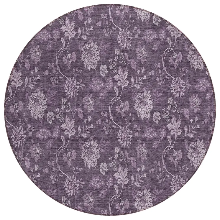 8' Plum Purple And Lavender Round Floral Washable Indoor Outdoor Area Rug