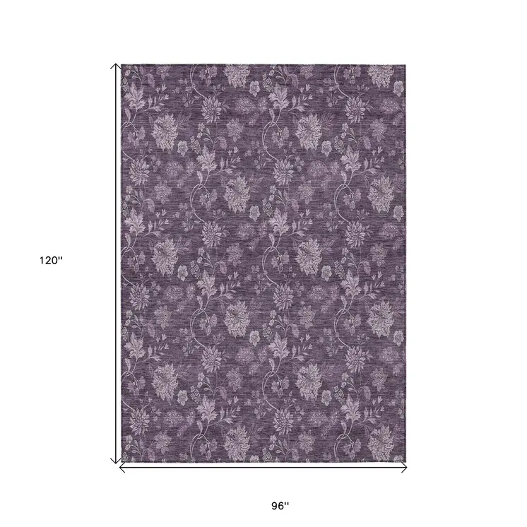 8' X 10' Plum Purple And Lavender Floral Washable Indoor Outdoor Area Rug