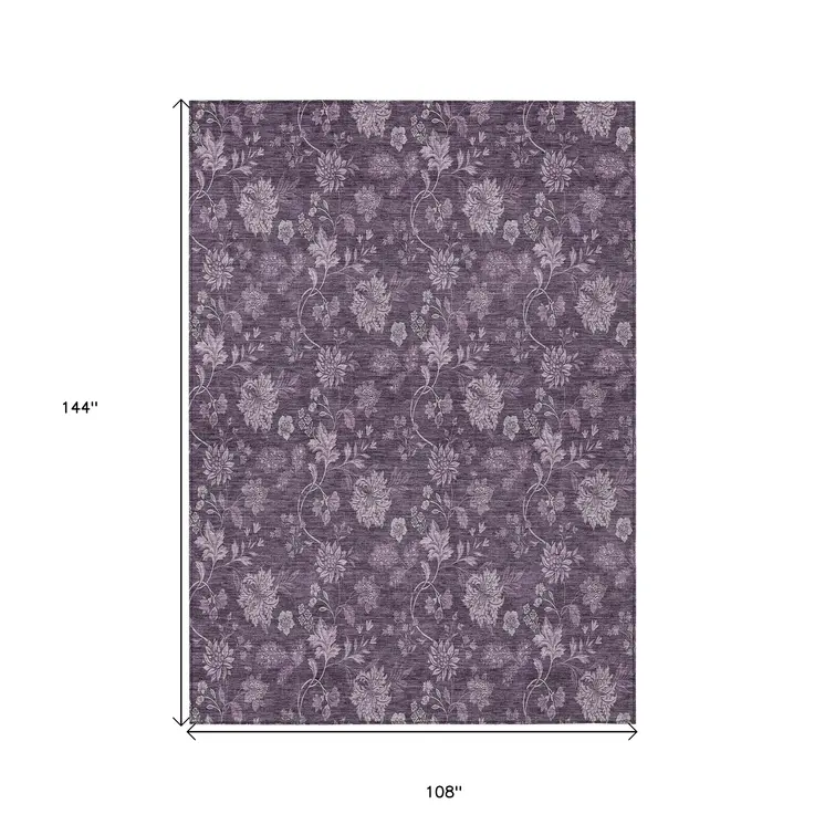9' X 12' Plum Purple And Lavender Floral Washable Indoor Outdoor Area Rug