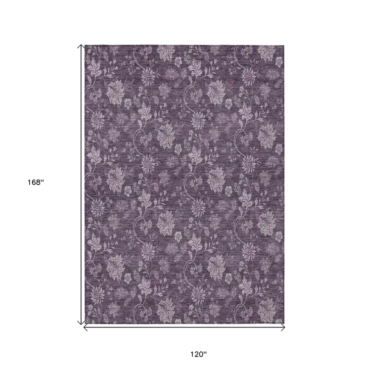 10' X 14' Plum Purple And Lavender Floral Washable Indoor Outdoor Area Rug
