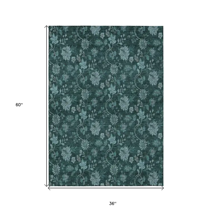3' X 5' Teal Blue And Aqua Floral Washable Indoor Outdoor Area Rug