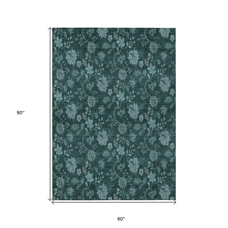 5' X 8' Teal Blue And Aqua Floral Washable Indoor Outdoor Area Rug