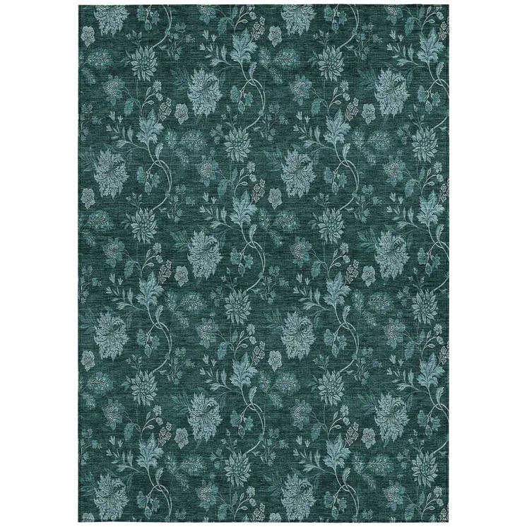 5' X 8' Teal Blue And Aqua Floral Washable Indoor Outdoor Area Rug
