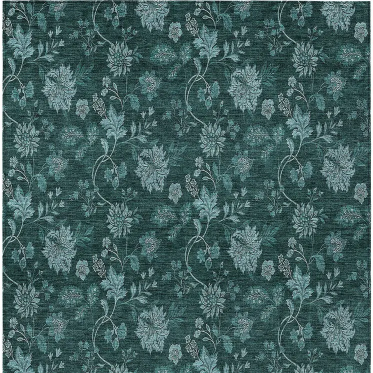 9' X 12' Teal Blue And Aqua Floral Washable Indoor Outdoor Area Rug