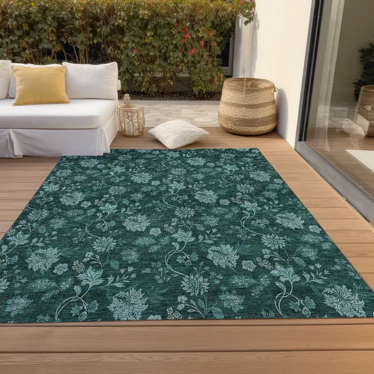 9' X 12' Teal Blue And Aqua Floral Washable Indoor Outdoor Area Rug