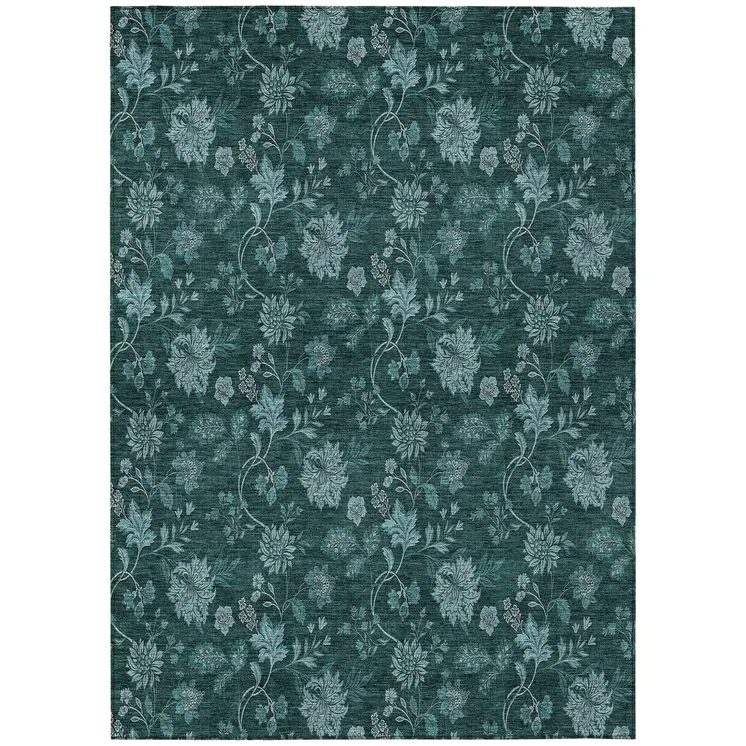9' X 12' Teal Blue And Aqua Floral Washable Indoor Outdoor Area Rug