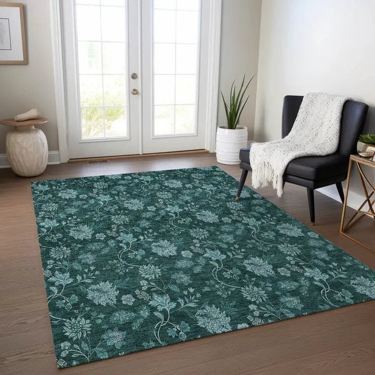 9' X 12' Teal Blue And Aqua Floral Washable Indoor Outdoor Area Rug