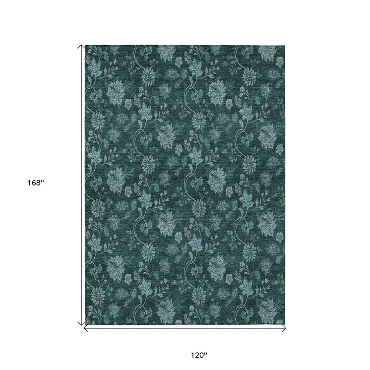 10' X 14' Teal Blue And Aqua Floral Washable Indoor Outdoor Area Rug