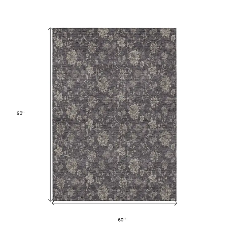 5' X 8' Taupe And Beige Floral Washable Indoor Outdoor Area Rug